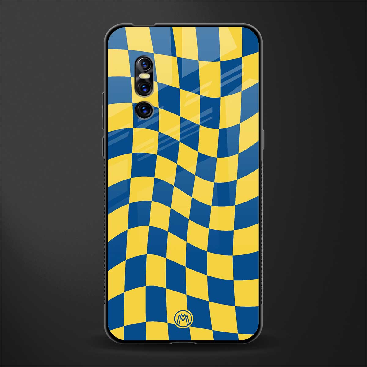 yellow blue trippy check pattern glass case for vivo v15 pro image