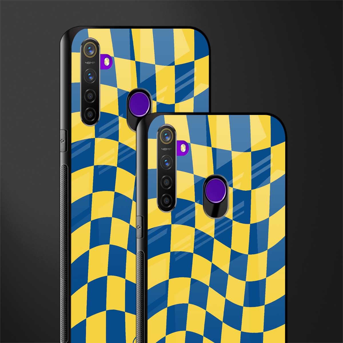 yellow blue trippy check pattern glass case for realme 5s image-2