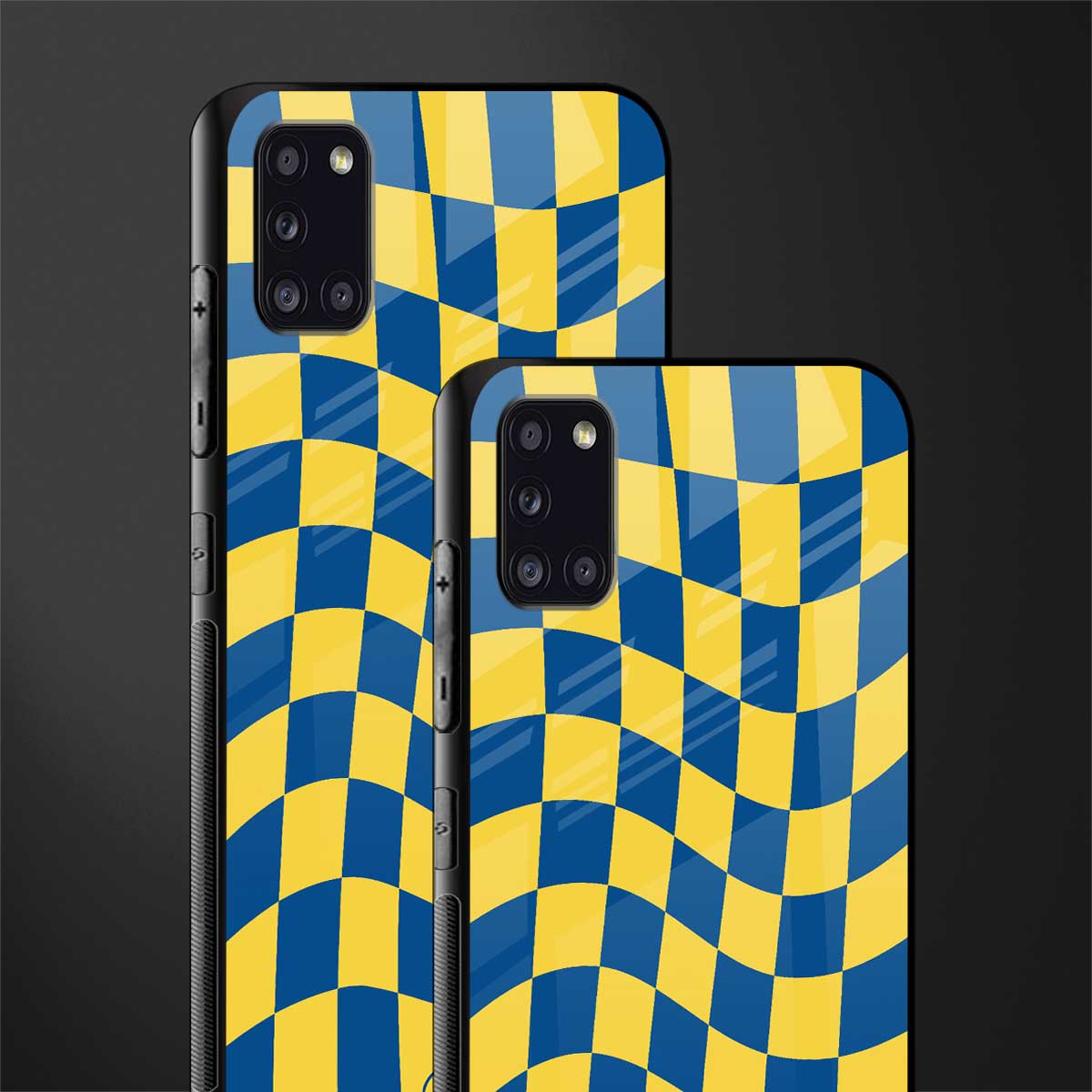 yellow blue trippy check pattern glass case for samsung galaxy a31 image-2