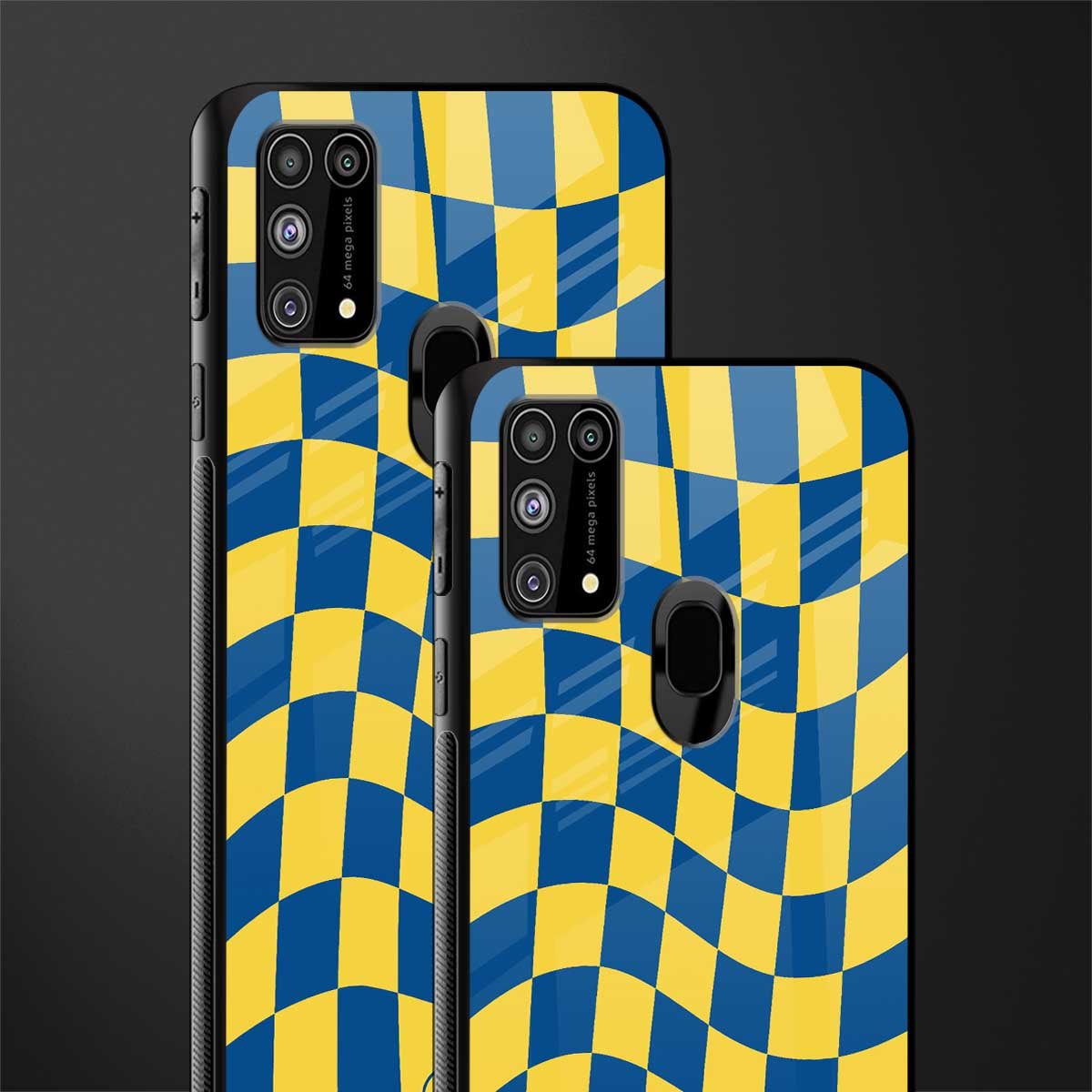 yellow blue trippy check pattern glass case for samsung galaxy m31 prime edition image-2