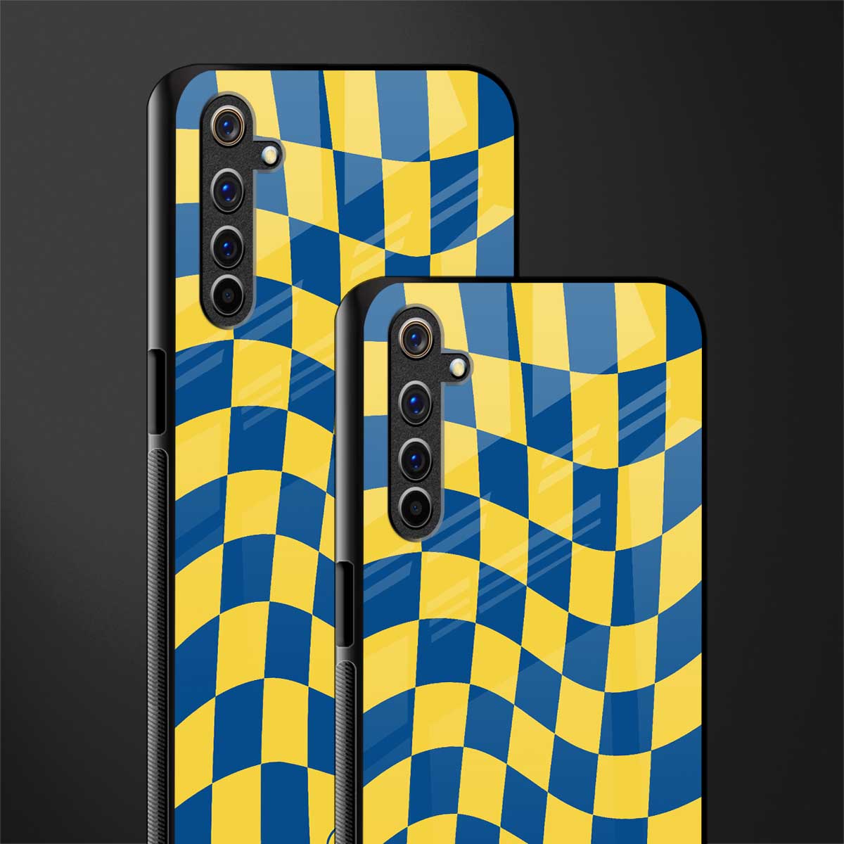 yellow blue trippy check pattern glass case for realme 6i image-2