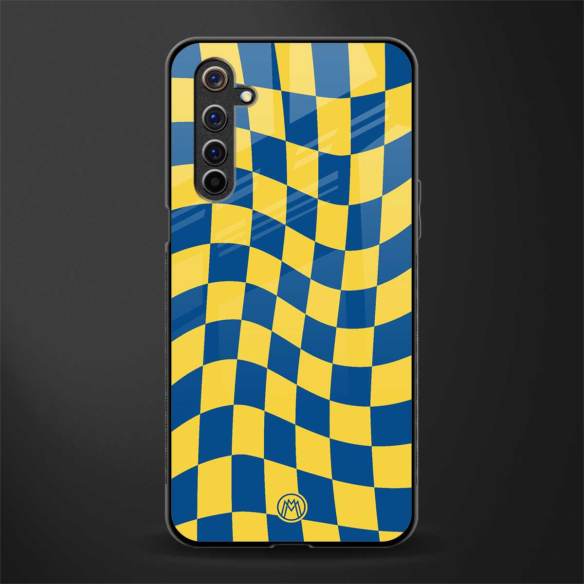 yellow blue trippy check pattern glass case for realme 6i image