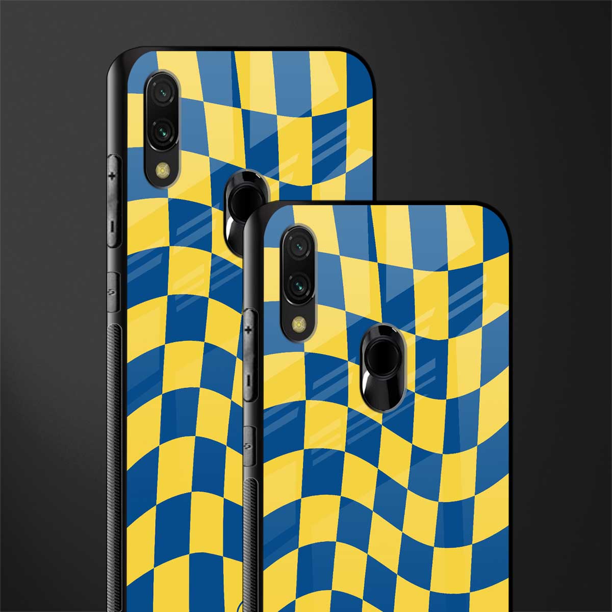 yellow blue trippy check pattern glass case for redmi note 7 image-2