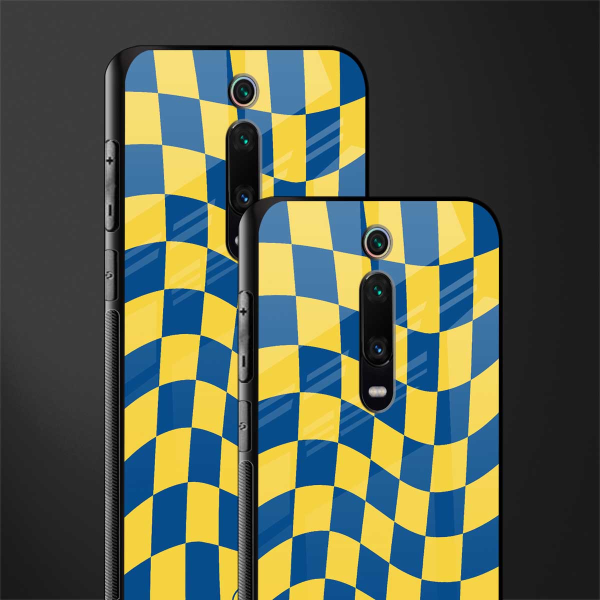 yellow blue trippy check pattern glass case for redmi k20 image-2