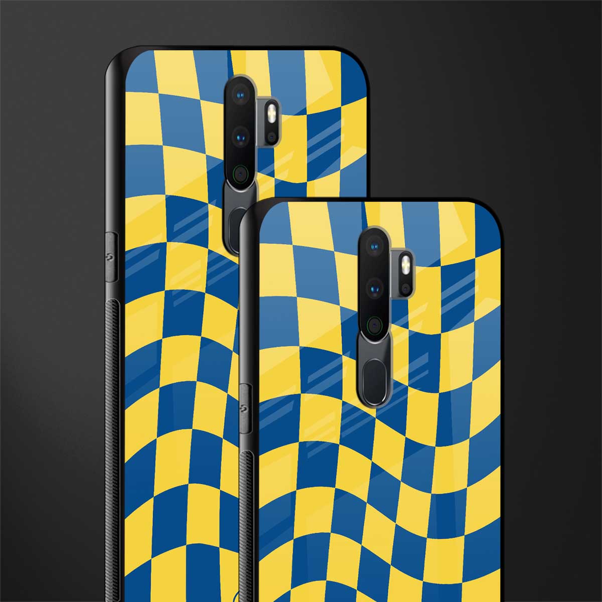 yellow blue trippy check pattern glass case for oppo a9 2020 image-2