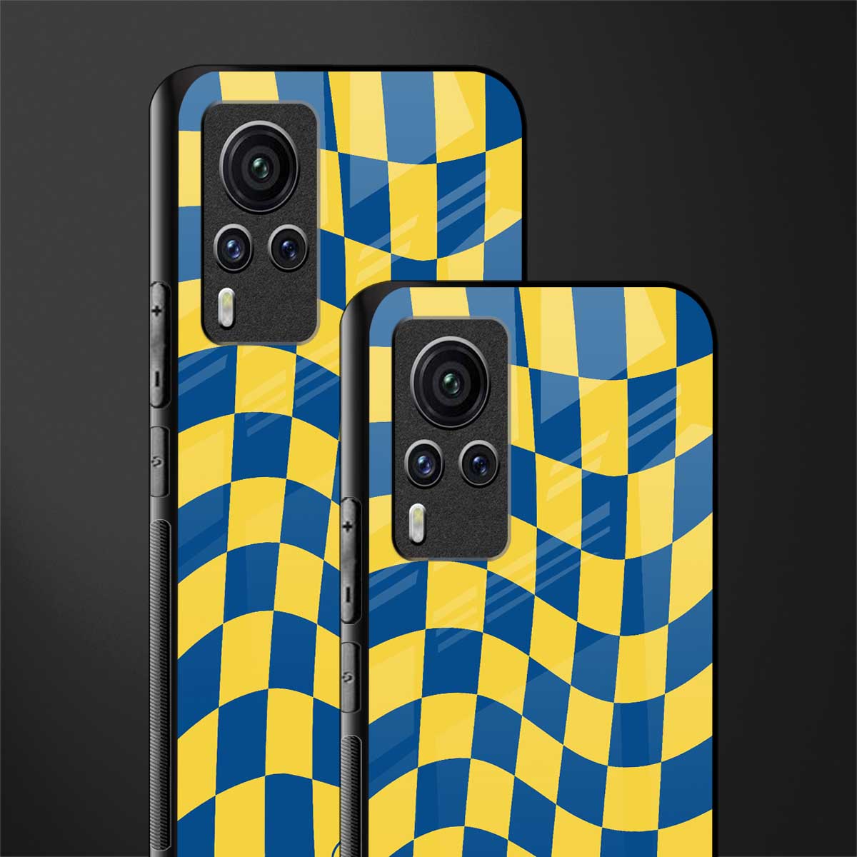 yellow blue trippy check pattern glass case for vivo x60 pro image-2