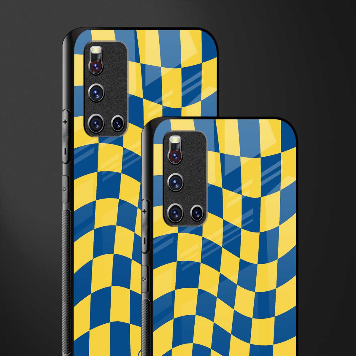 yellow blue trippy check pattern glass case for vivo v19 image-2