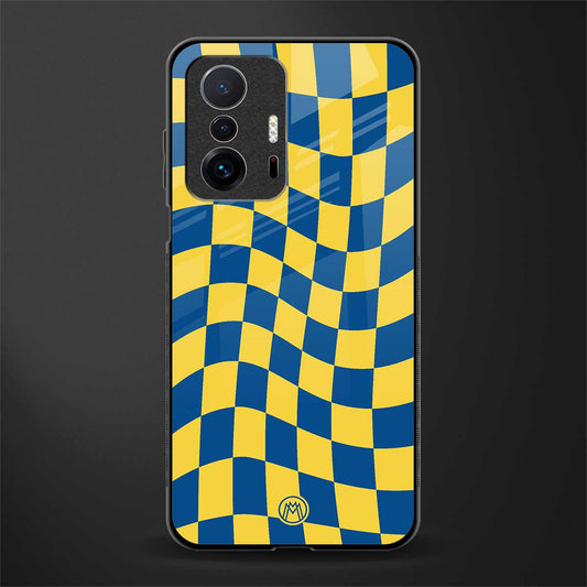 yellow blue trippy check pattern glass case for mi 11t pro 5g image
