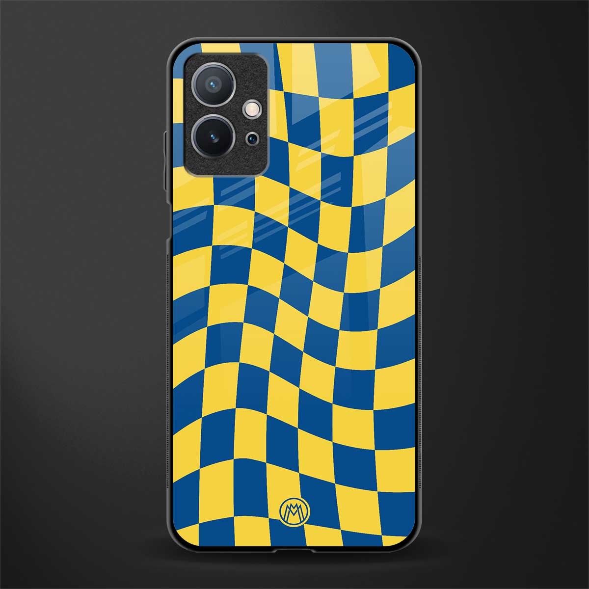 yellow blue trippy check pattern glass case for vivo y75 5g image