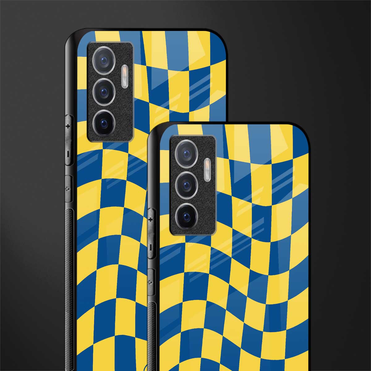 yellow blue trippy check pattern glass case for vivo v23e image-2