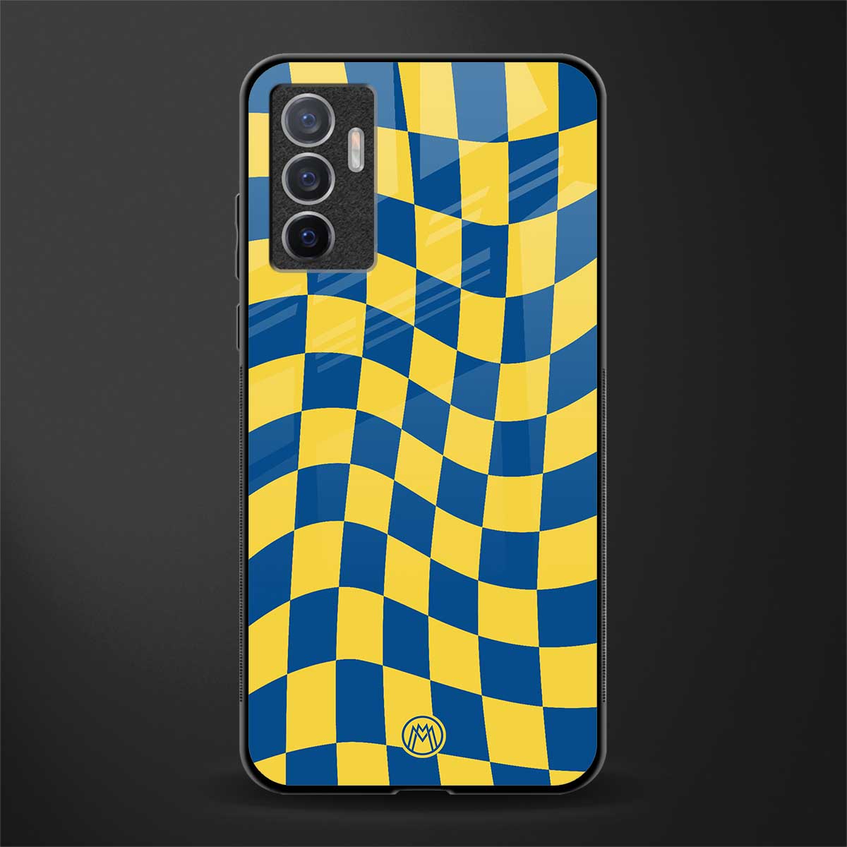 yellow blue trippy check pattern glass case for vivo v23e image