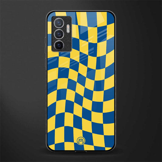 yellow blue trippy check pattern glass case for vivo v23e image