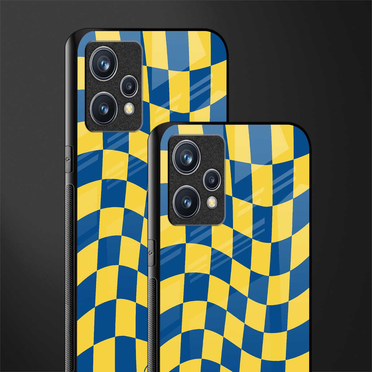 yellow blue trippy check pattern glass case for realme 9 4g image-2