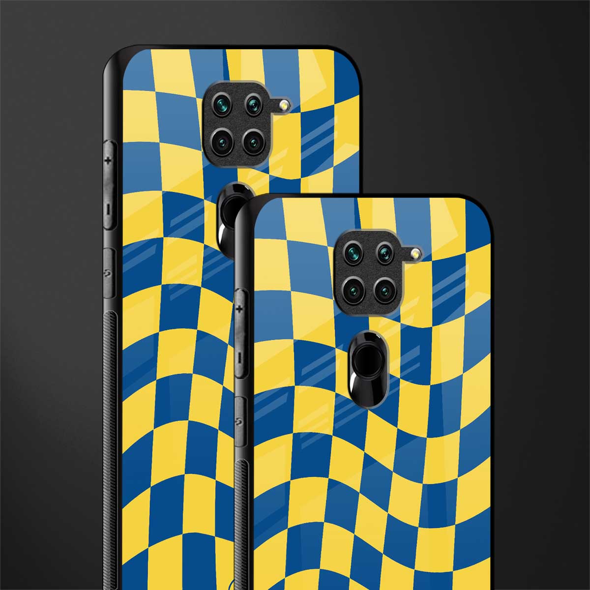 yellow blue trippy check pattern glass case for redmi note 9 image-2