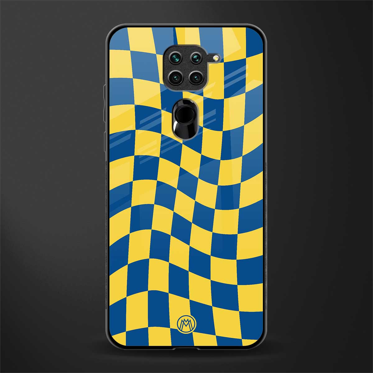 yellow blue trippy check pattern glass case for redmi note 9 image