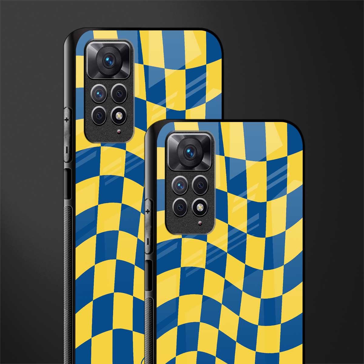 yellow blue trippy check pattern glass case for redmi note 11s image-2