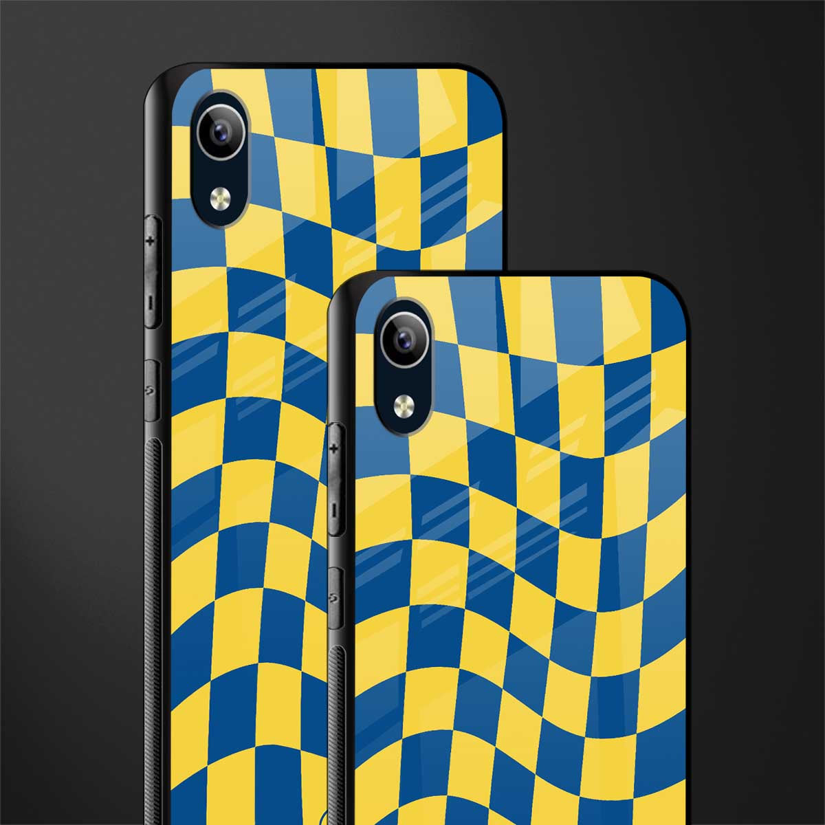 yellow blue trippy check pattern glass case for vivo y1s without fingerprint image-2