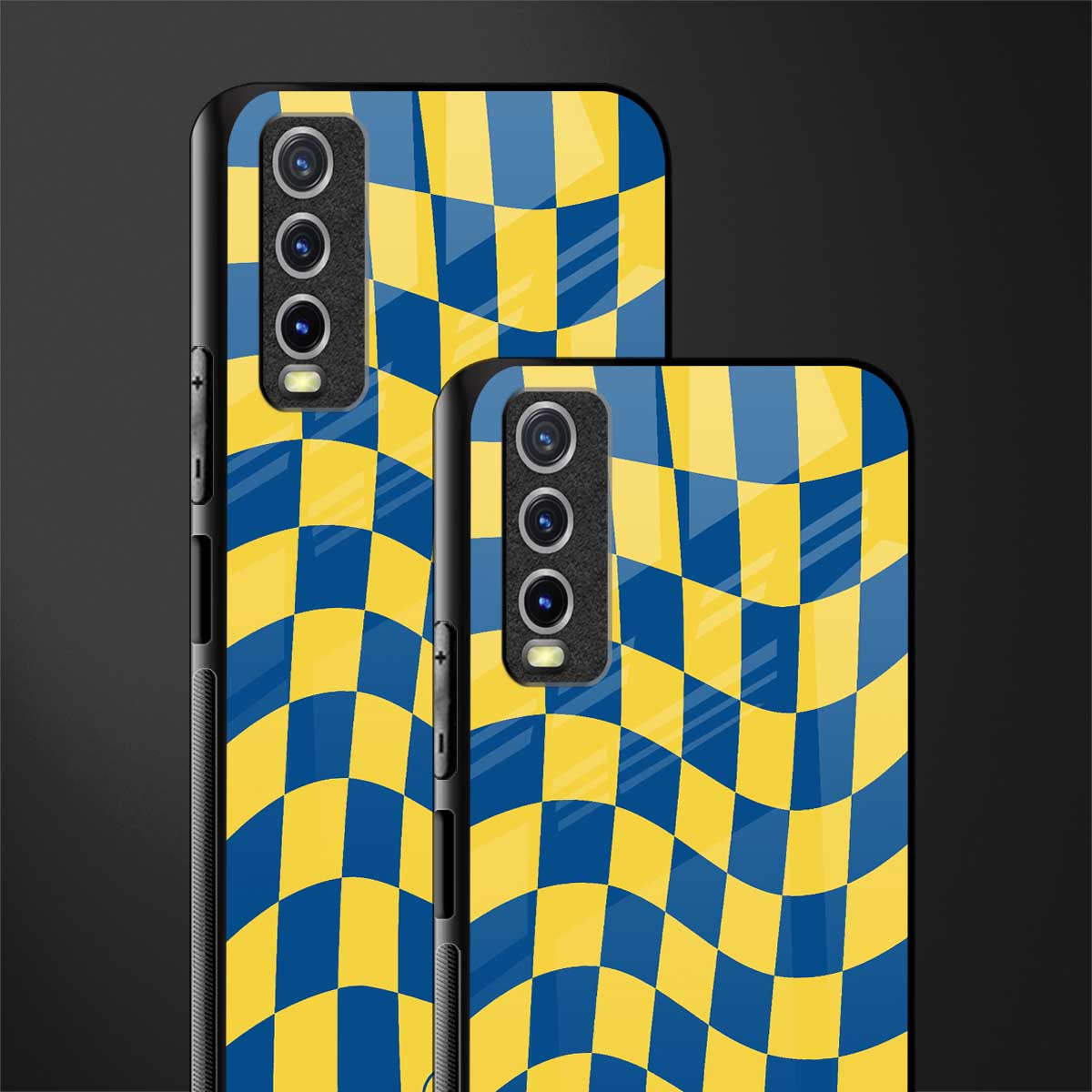 yellow blue trippy check pattern glass case for vivo y12s image-2