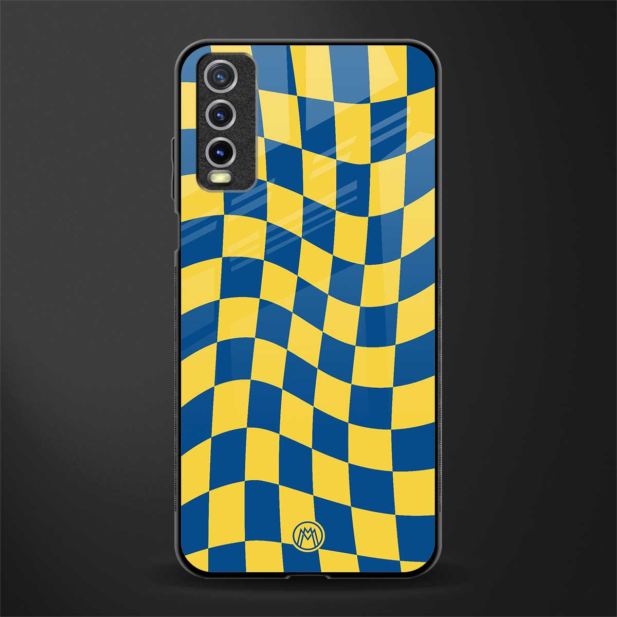 yellow blue trippy check pattern glass case for vivo y12s image