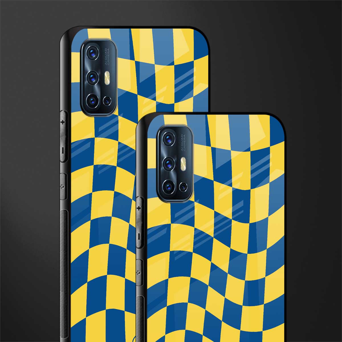 yellow blue trippy check pattern glass case for vivo v17 image-2