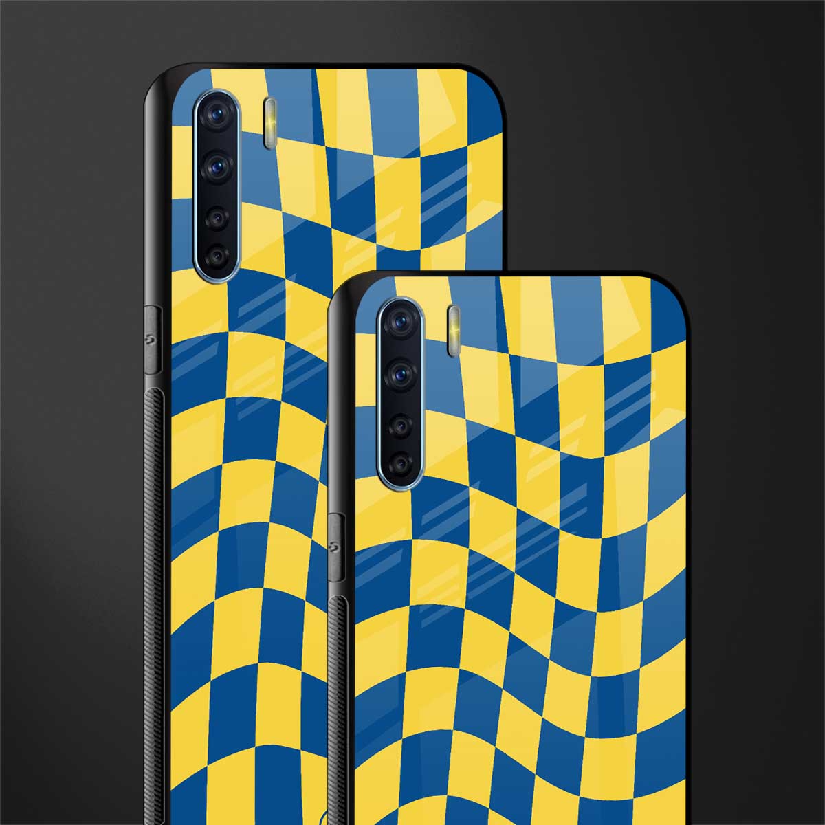 yellow blue trippy check pattern glass case for oppo f15 image-2