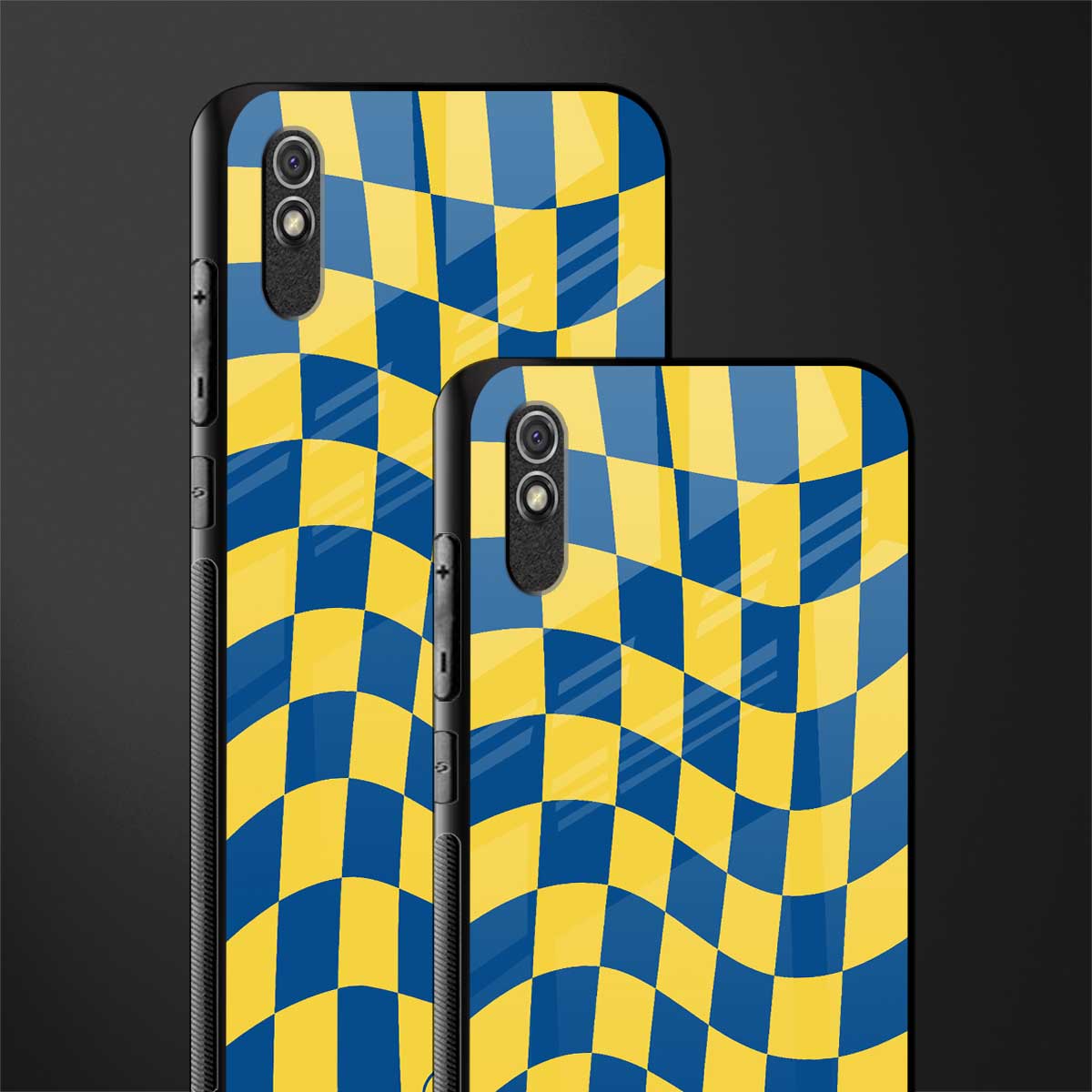 yellow blue trippy check pattern glass case for redmi 9a image-2