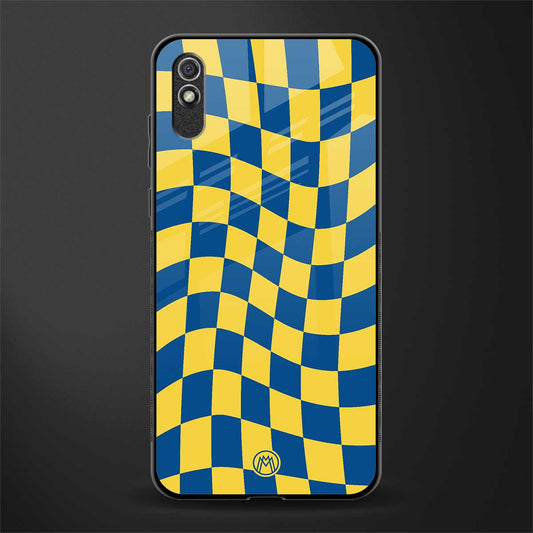 yellow blue trippy check pattern glass case for redmi 9a image