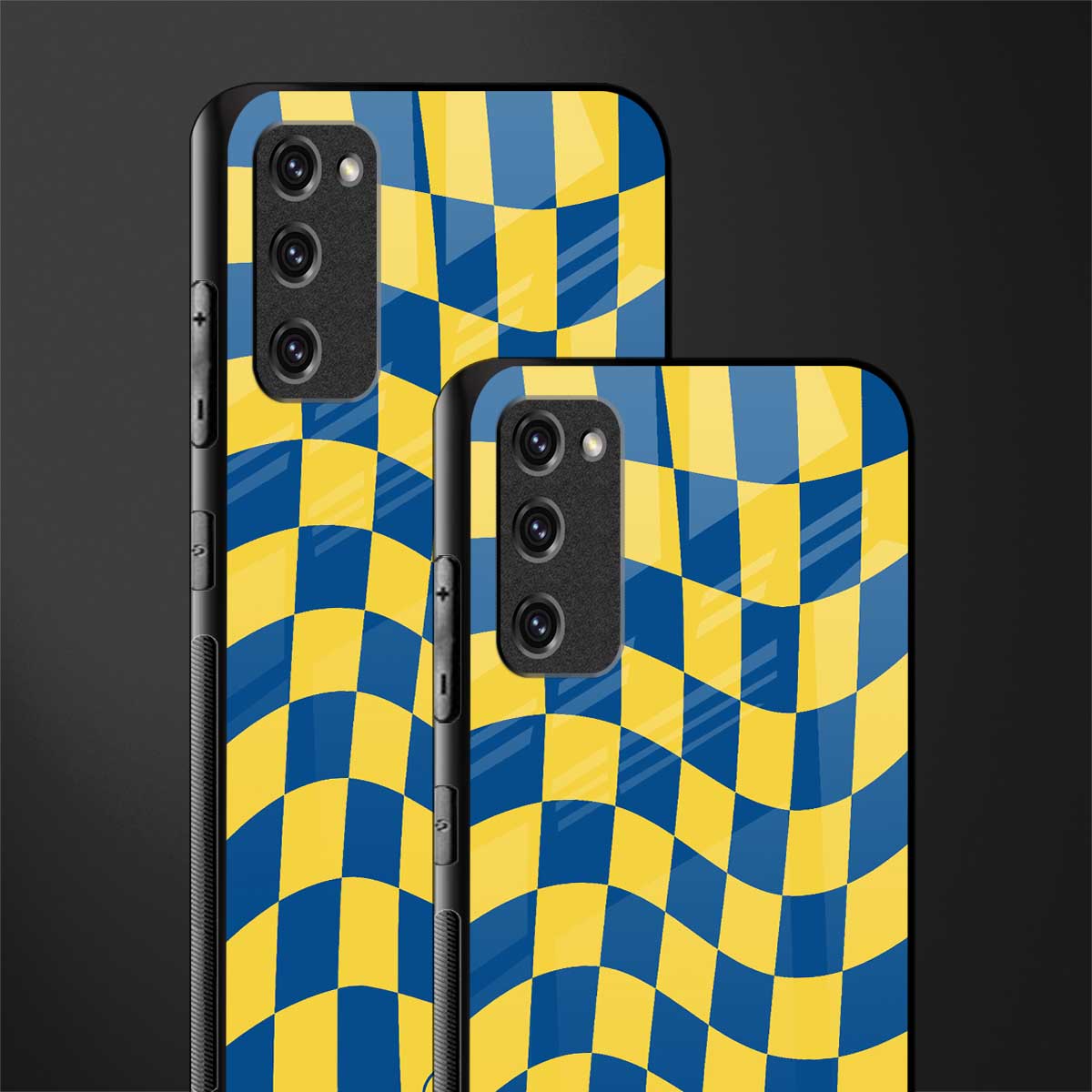 yellow blue trippy check pattern glass case for samsung galaxy s20 fe image-2