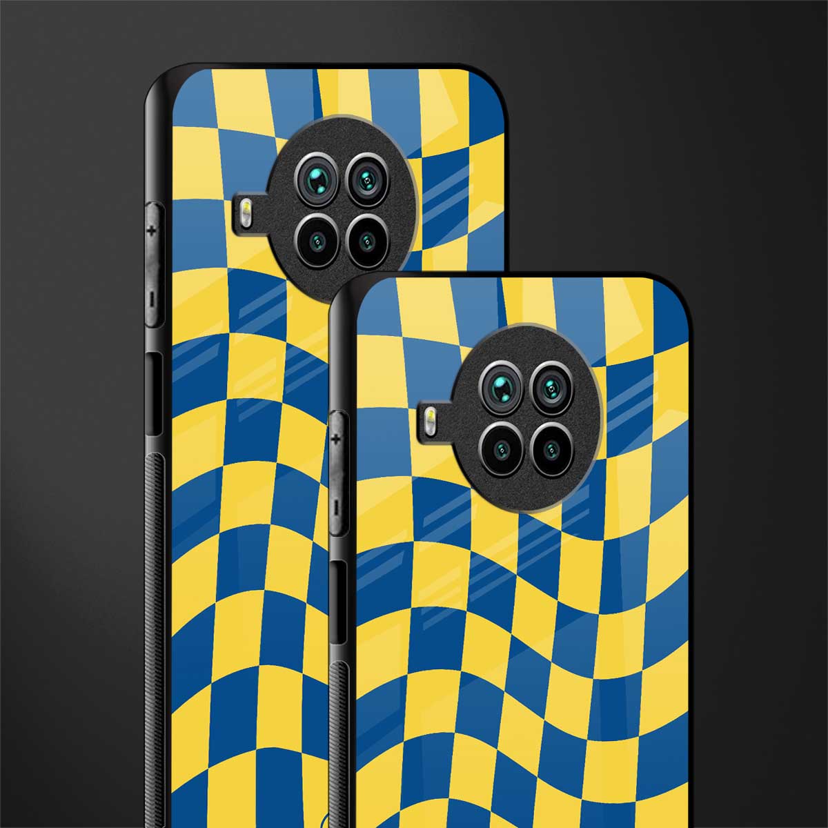 yellow blue trippy check pattern glass case for mi 10i image-2
