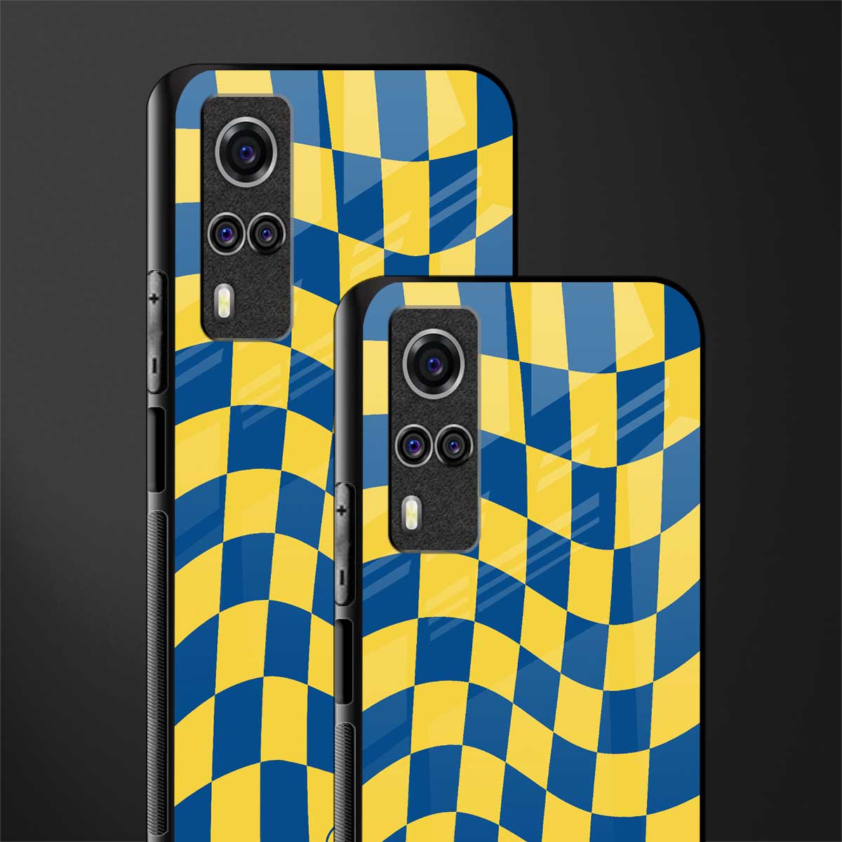 yellow blue trippy check pattern glass case for vivo y51 image-2