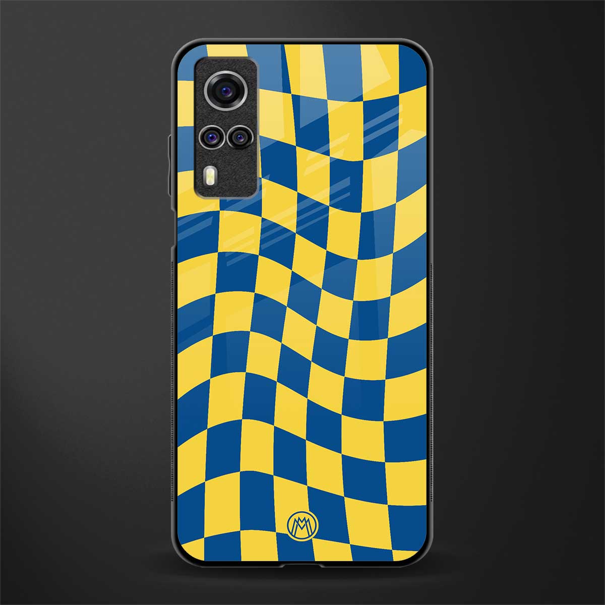 yellow blue trippy check pattern glass case for vivo y51 image