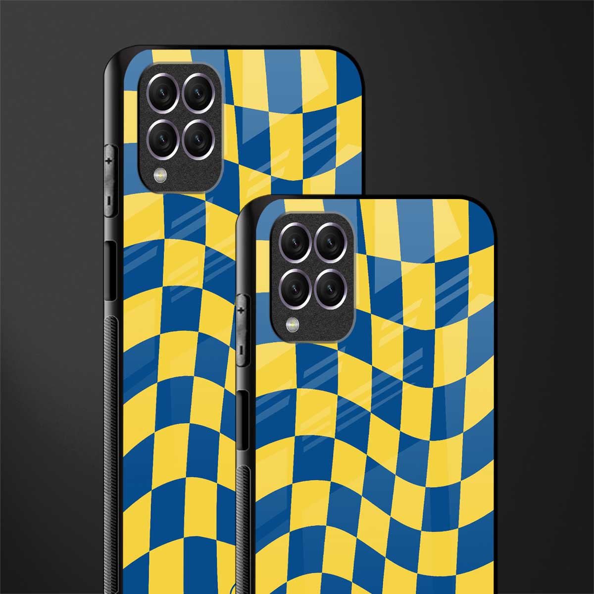 yellow blue trippy check pattern glass case for samsung galaxy f62 image-2