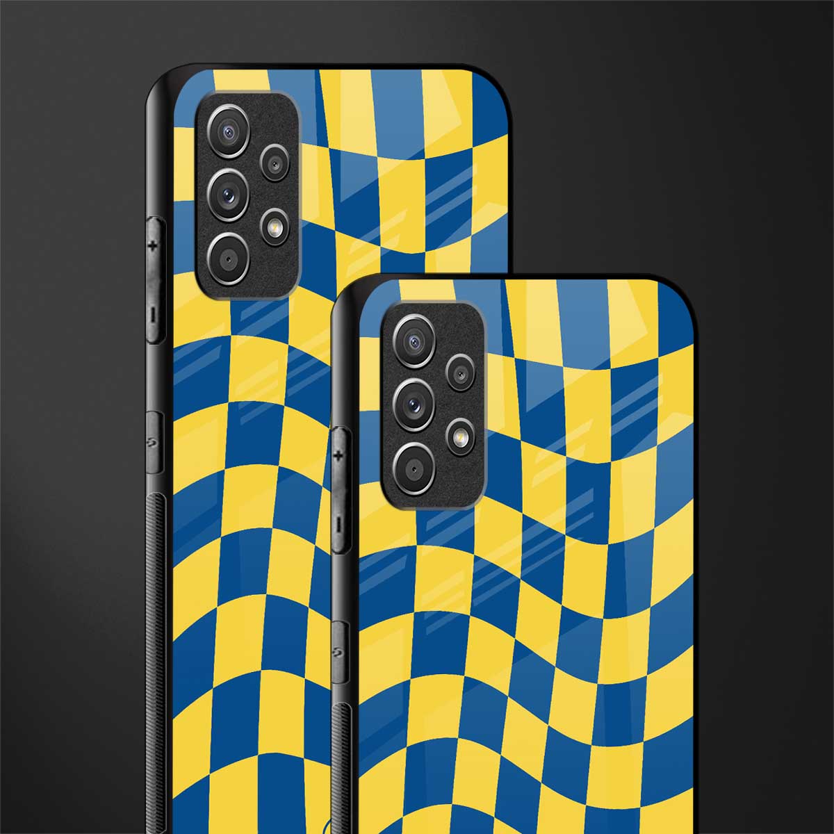 yellow blue trippy check pattern glass case for samsung galaxy a32 4g image-2