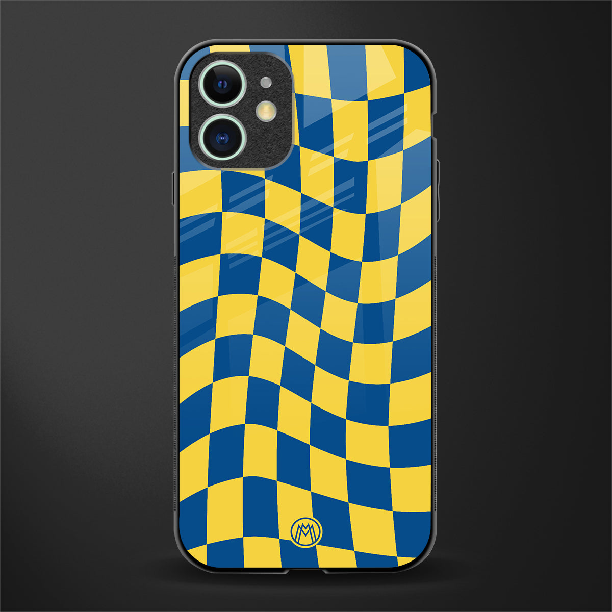 yellow blue trippy check pattern glass case for iphone 11 image