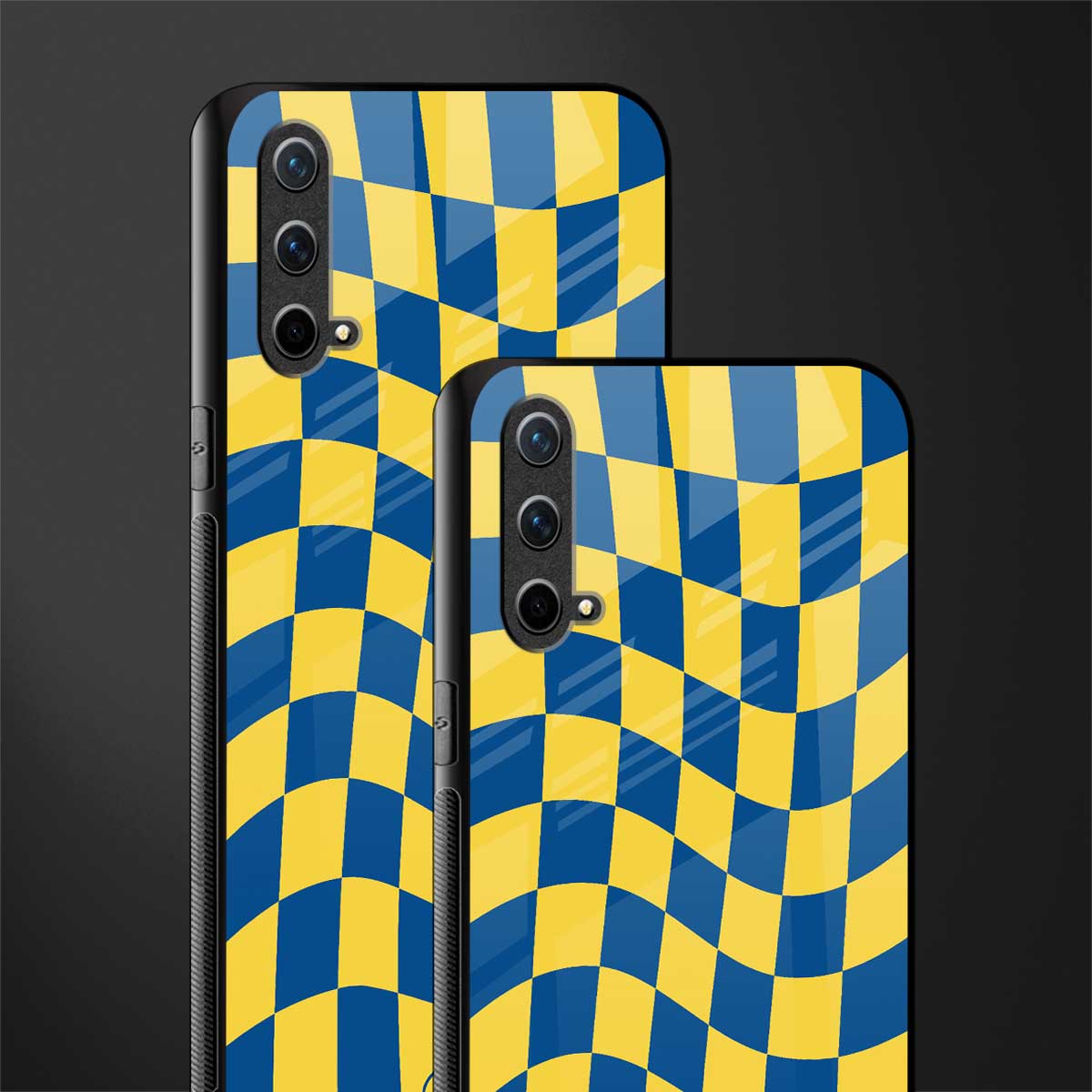 yellow blue trippy check pattern glass case for oneplus nord ce 5g image-2