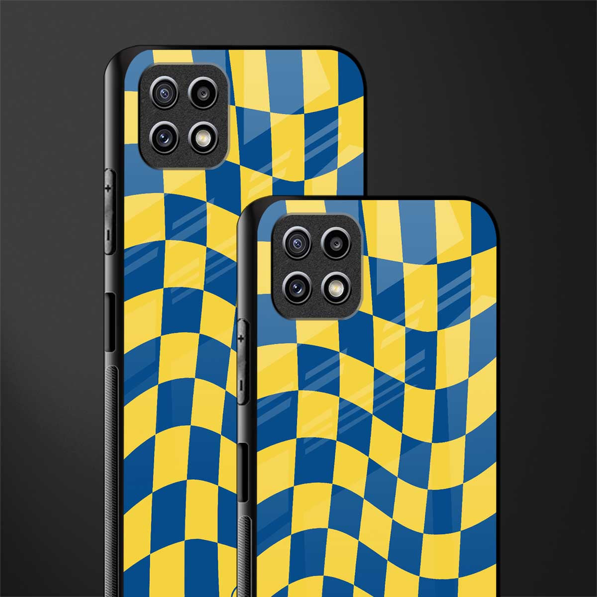 yellow blue trippy check pattern glass case for samsung galaxy a22 5g image-2