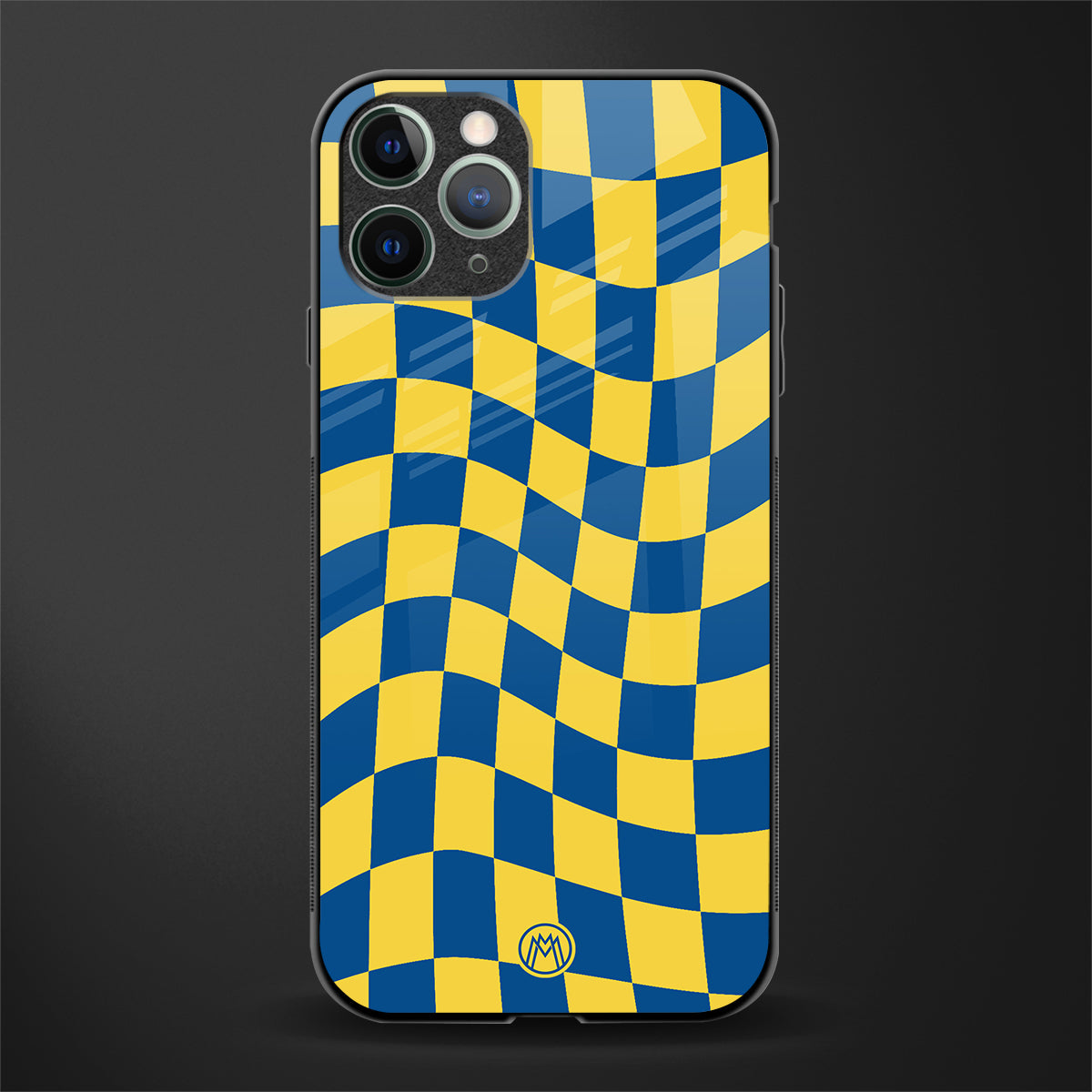 yellow blue trippy check pattern glass case for iphone 11 pro image