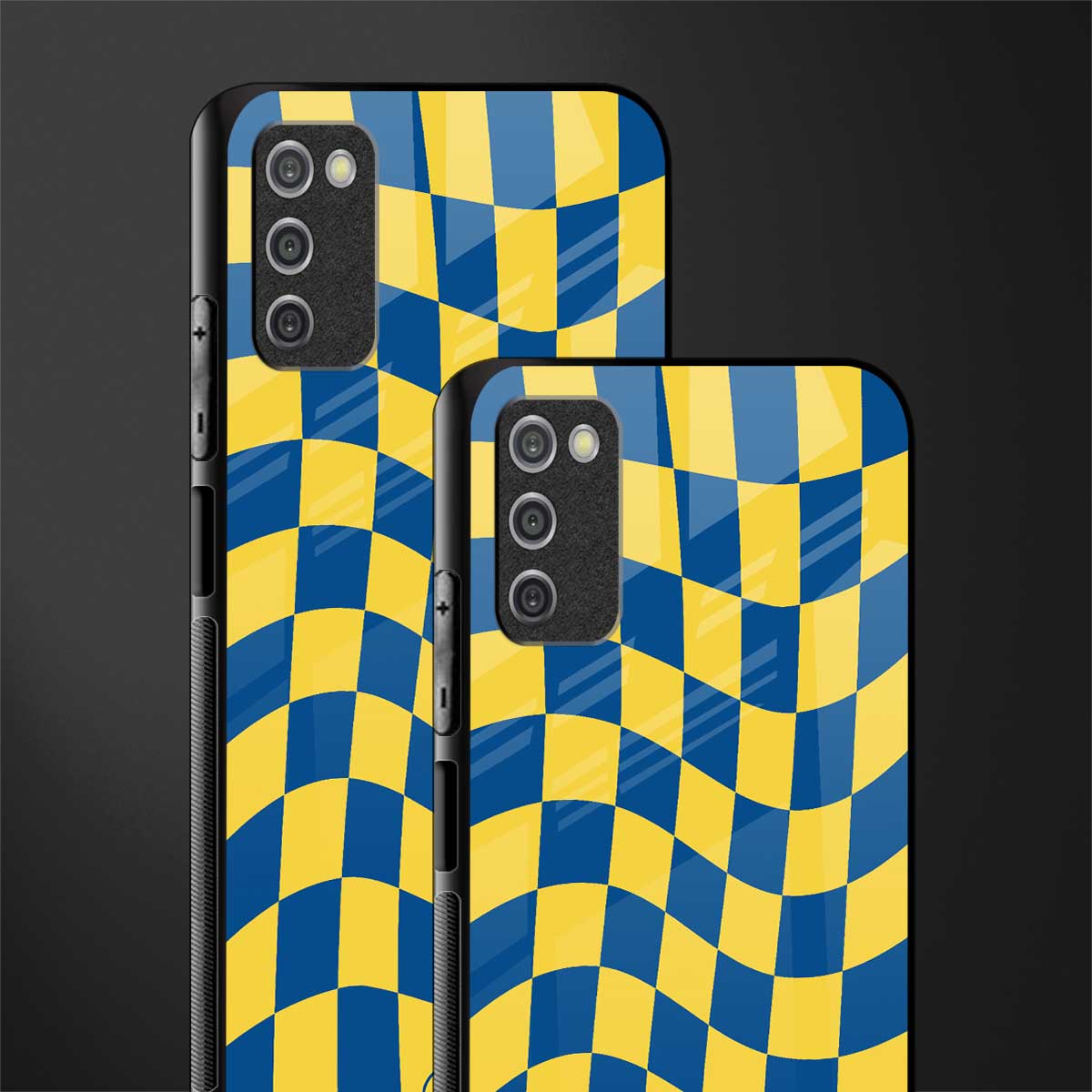 yellow blue trippy check pattern glass case for samsung galaxy a03s image-2