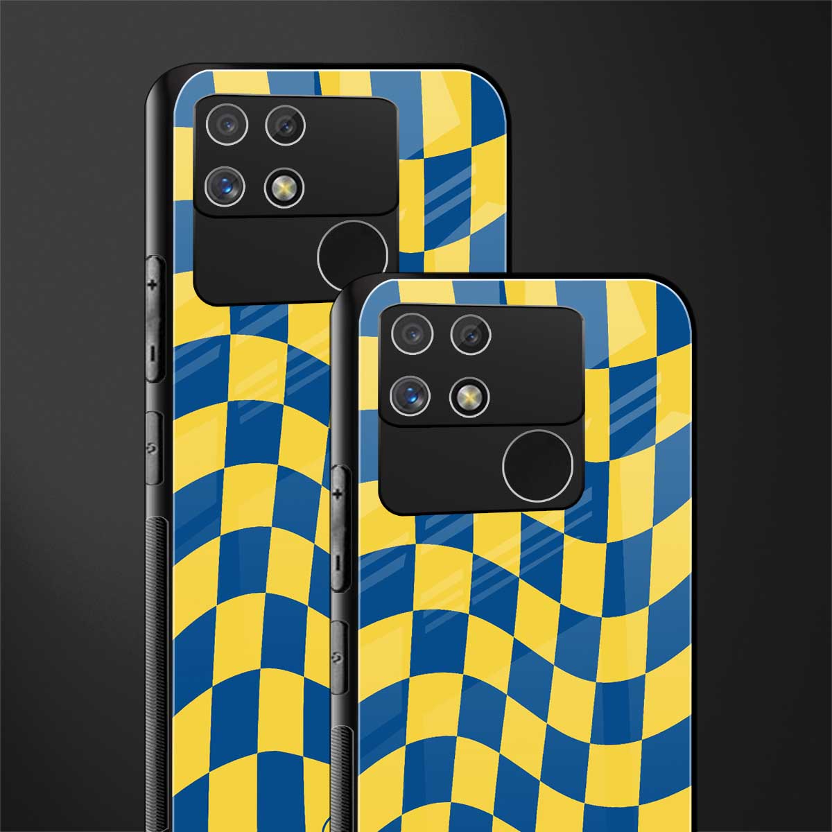 yellow blue trippy check pattern back phone cover | glass case for realme narzo 50a