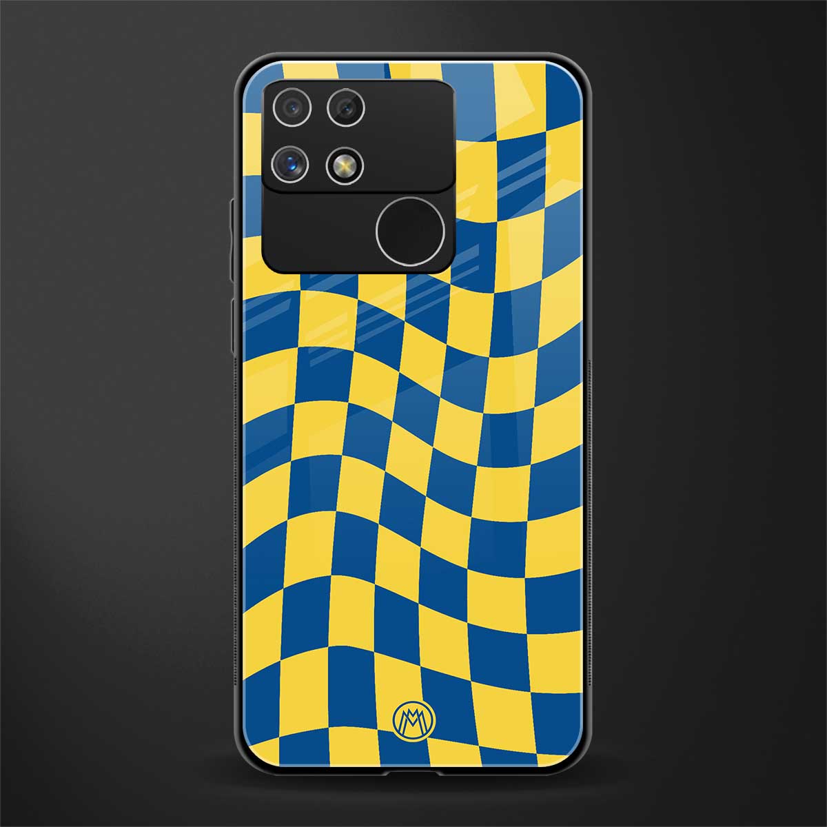 yellow blue trippy check pattern back phone cover | glass case for realme narzo 50a