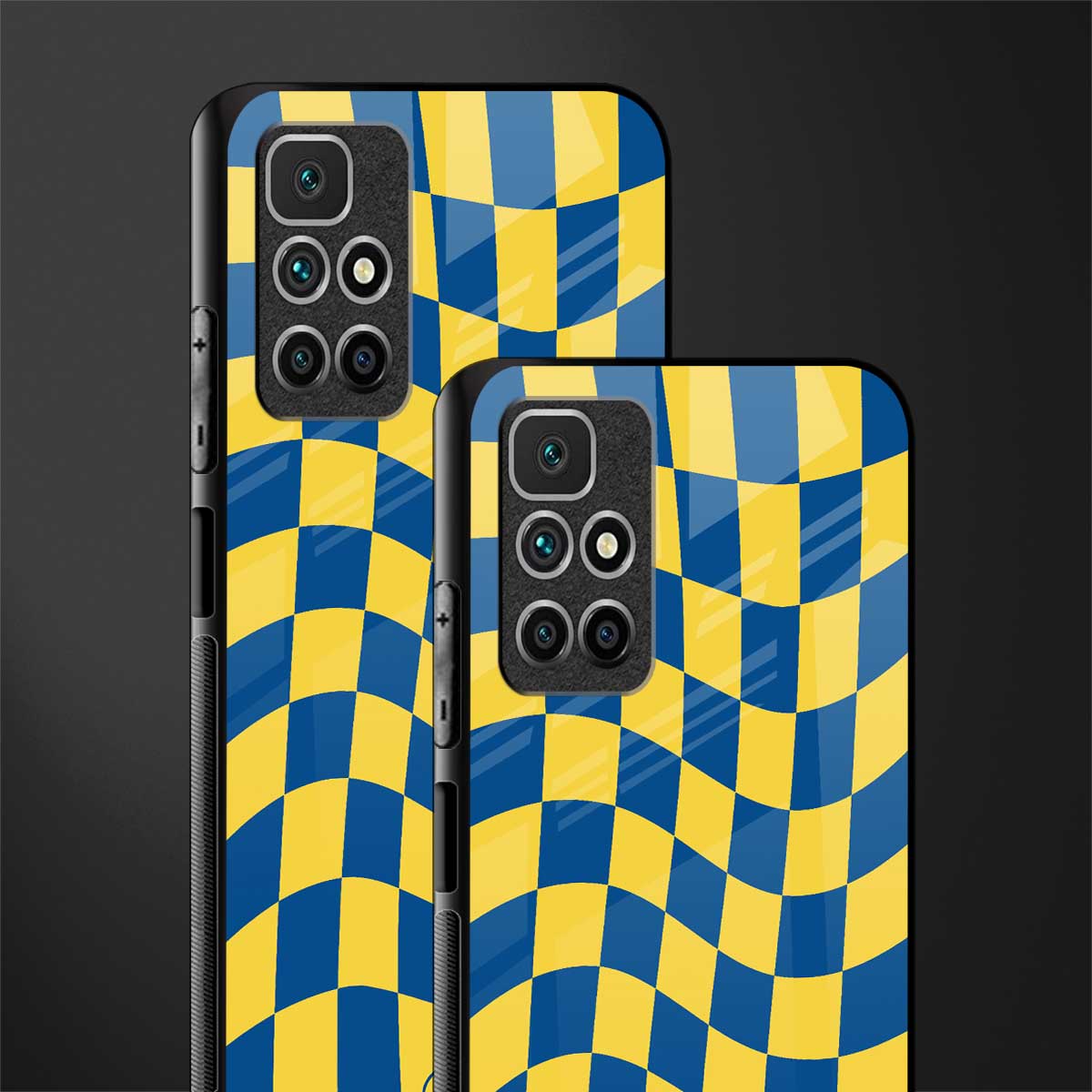 yellow blue trippy check pattern glass case for redmi 10 prime image-2