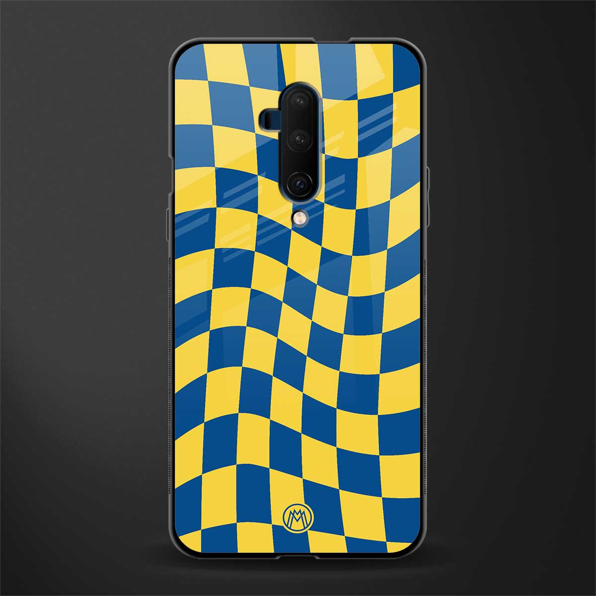 yellow blue trippy check pattern glass case for oneplus 7t pro image
