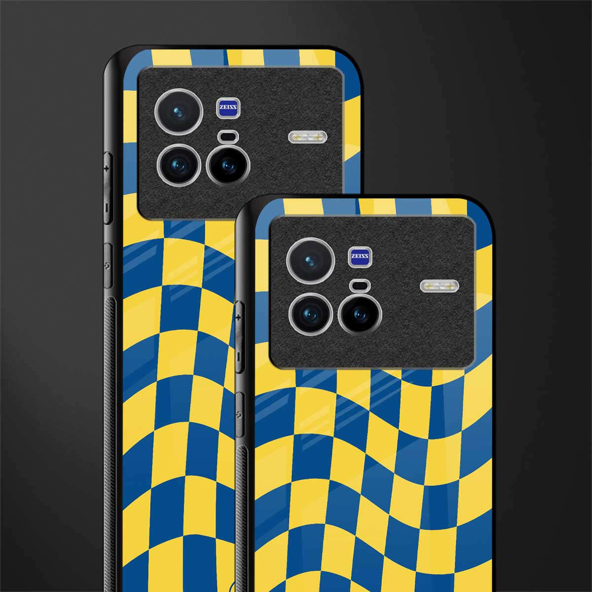 yellow blue trippy check pattern glass case for vivo x80 image-2