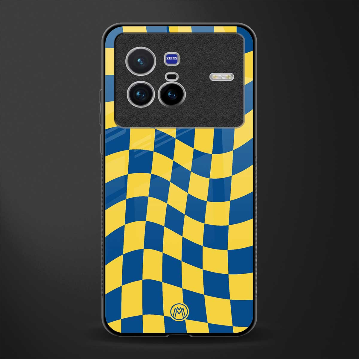 yellow blue trippy check pattern glass case for vivo x80 image