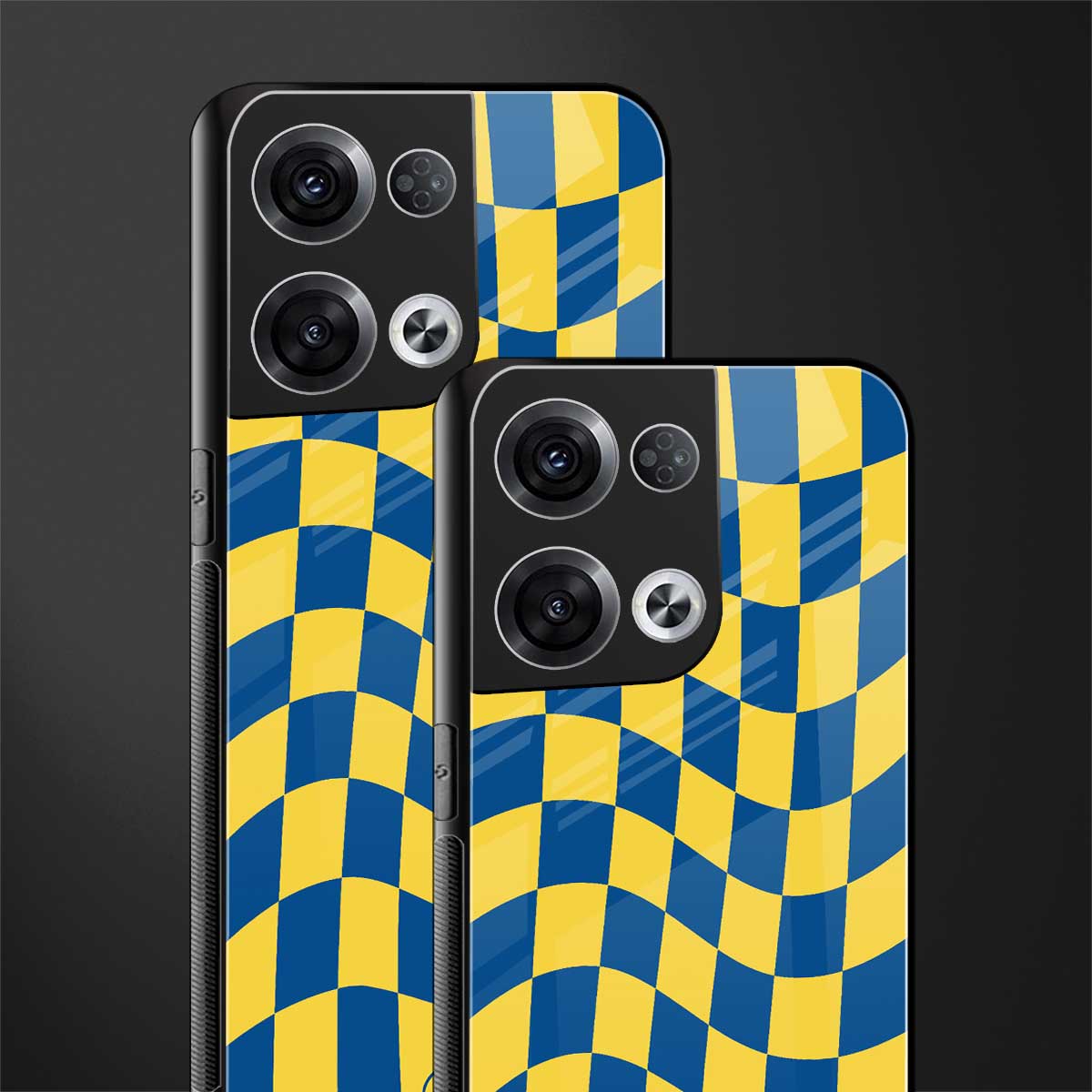 yellow blue trippy check pattern back phone cover | glass case for oppo reno 8
