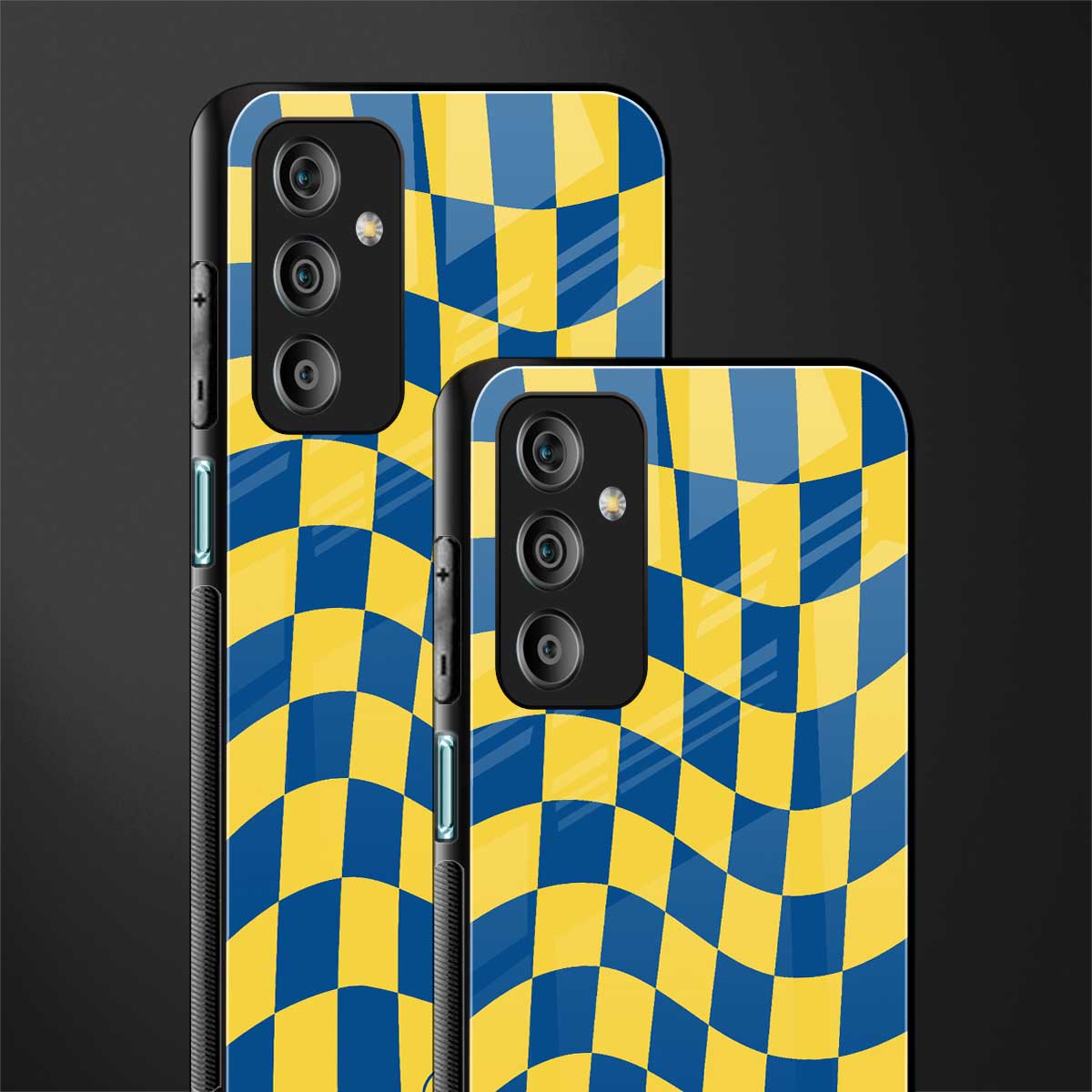 yellow blue trippy check pattern back phone cover | glass case for samsung galaxy f23 5g