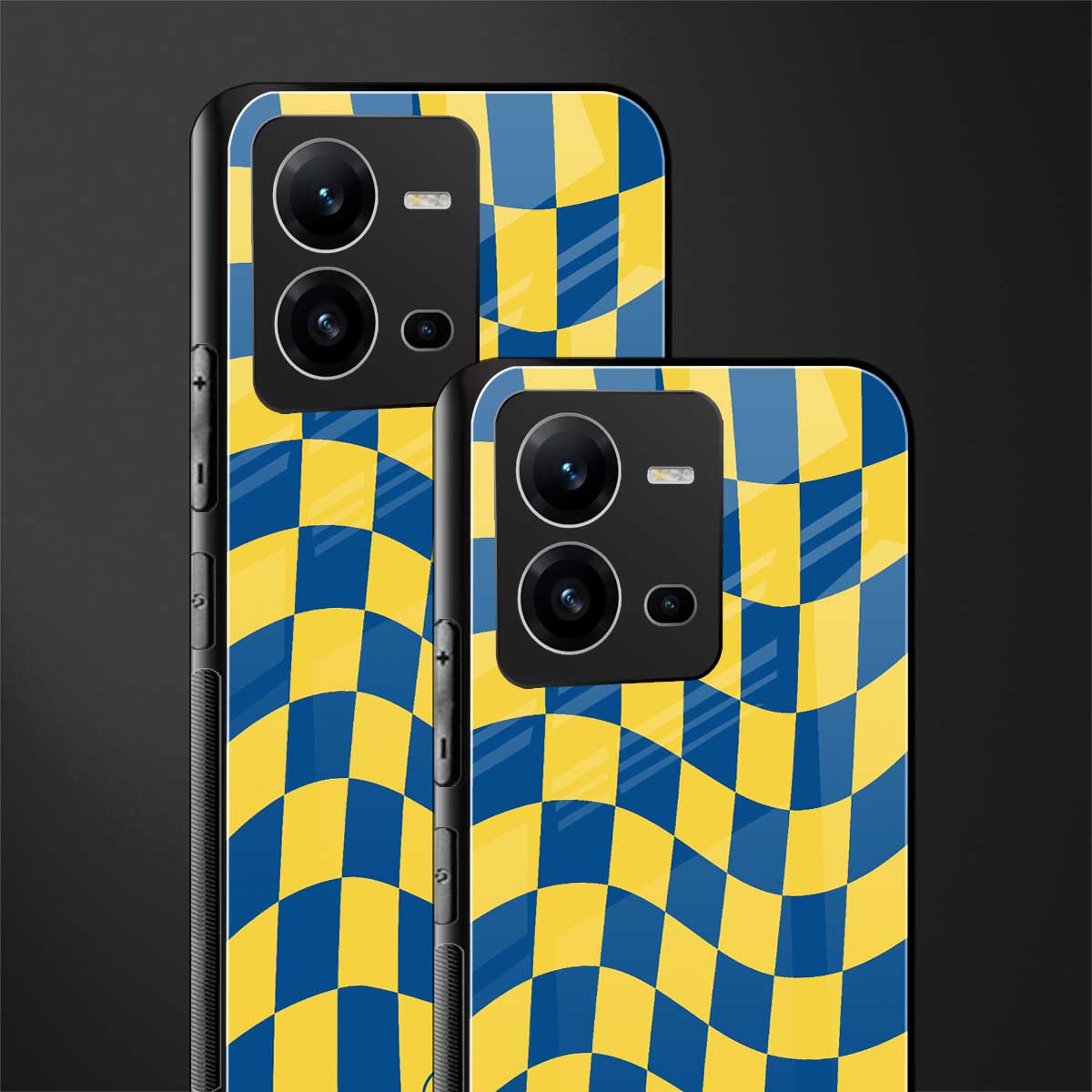 yellow blue trippy check pattern back phone cover | glass case for vivo v25-5g