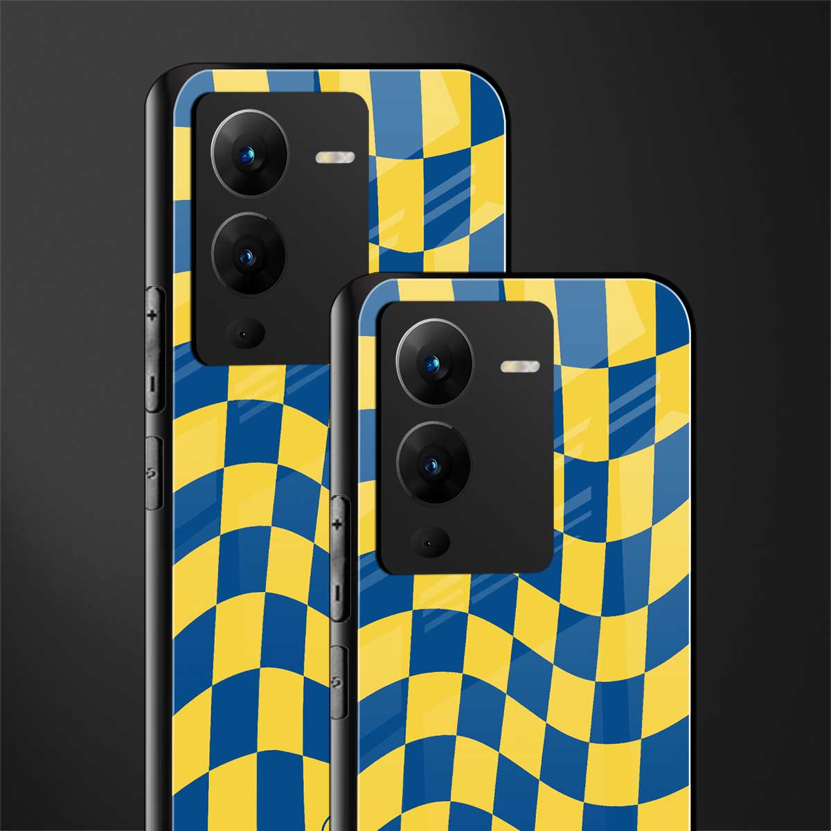 yellow blue trippy check pattern back phone cover | glass case for vivo v25 pro 5g