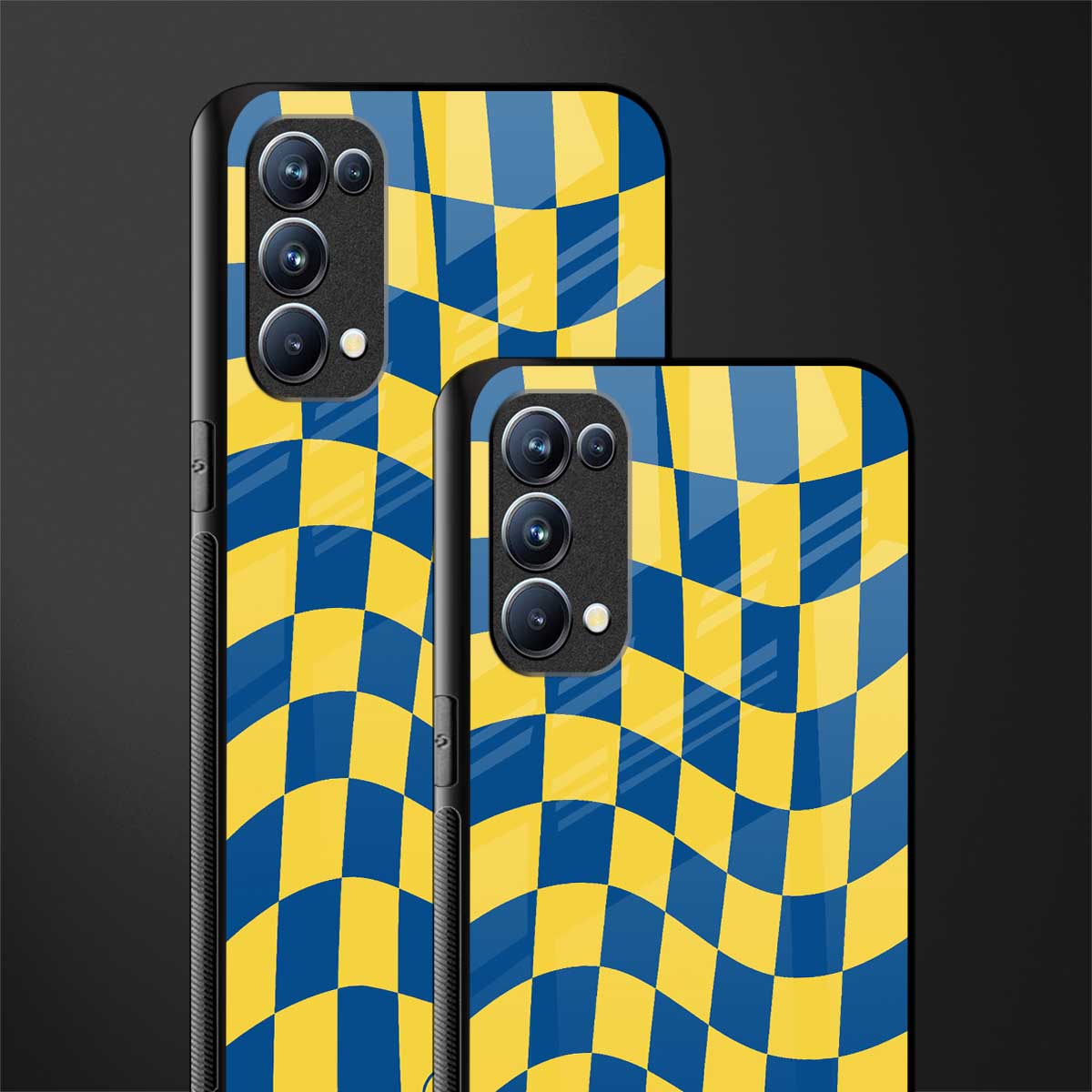 yellow blue trippy check pattern back phone cover | glass case for oppo reno 5