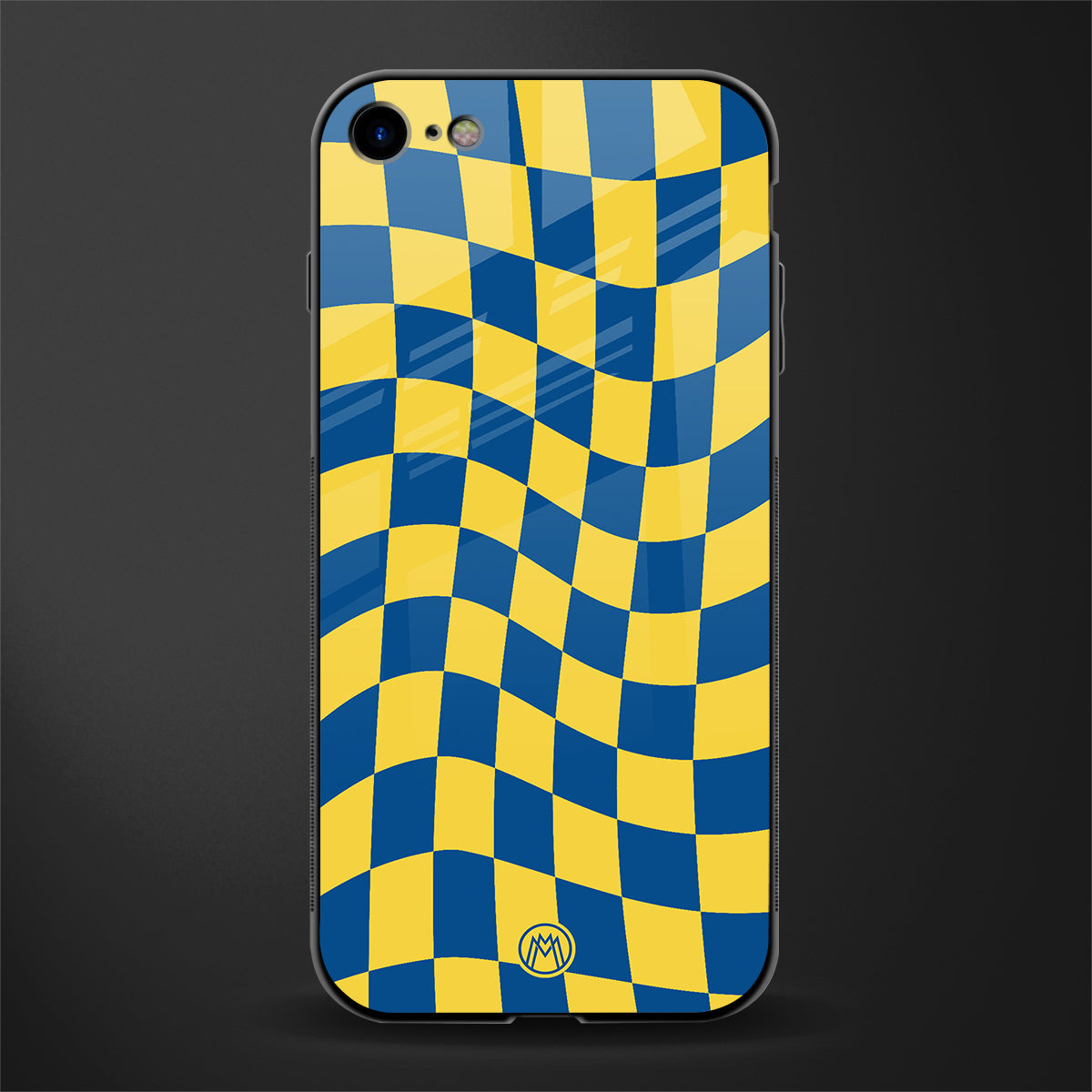 yellow blue trippy check pattern glass case for iphone 8 image
